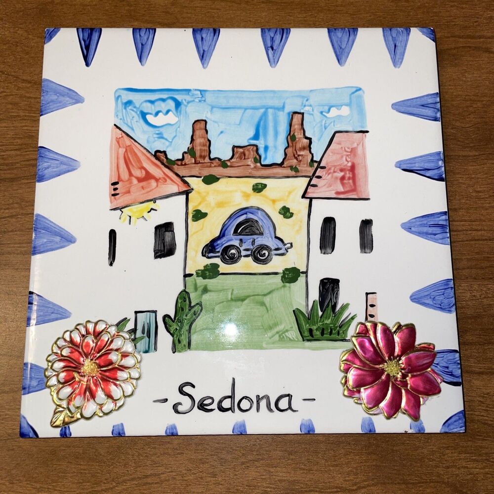 Ceramic Souvenir Art Tile Sedona 8x8 Raised Flowers Trivet Wall Art